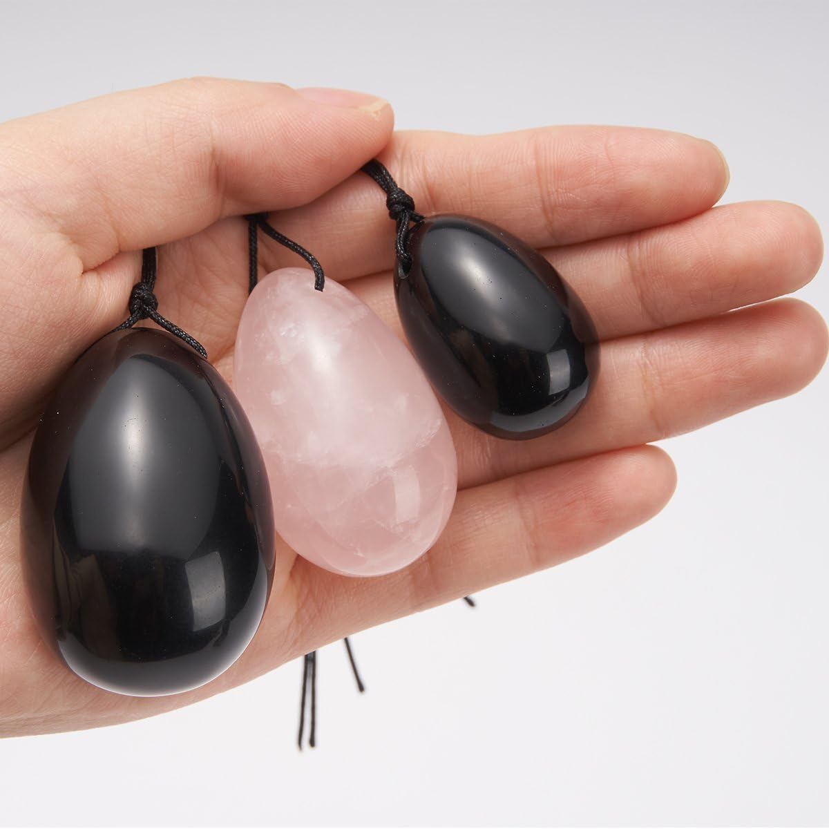 BANGCHIC Jade Egg Yoni Egg Massage Stone Exercise Egg, 3Pcs Set,Made of Rose Quartz, Obsidian, Drilled, with One Box of Velet, L/M/S 3 Sizes for Training Yoni Love Muscles