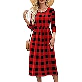Heymoments Women's Casual 3/4 Sleeve Midi Dress Crewneck A Line Tiered Flowy Loose Travel Long Dresses with Pockets
