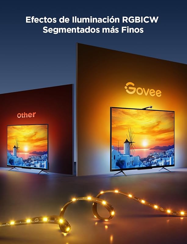 Govee led tv backlight lights 3 lite com função fish-eye, 3,6 m rgbicw wifi com câmera, 4 cores em 1 lâmpada, faixa de led adequada para tv de 55 a 65 polegadas, controle de voz e aplicativo