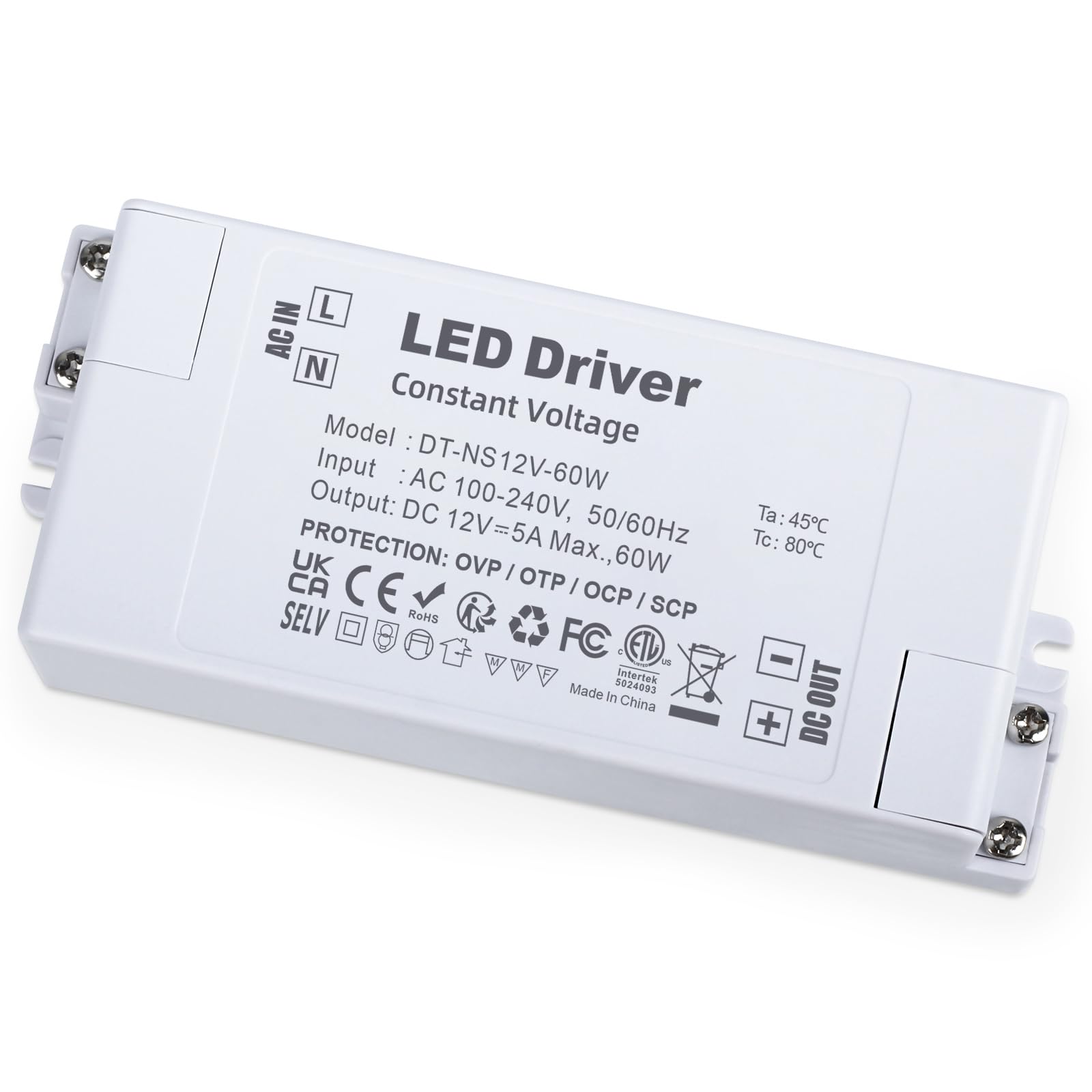 YAYZA! LED Driver 12V 60W, Low Voltage Transformer 240V AC to 12V DC 5A, IP44 Constant Voltage Power Supply for 12 Volt LED Strip Lights Display MR16 G4 Bulbs CCTV
