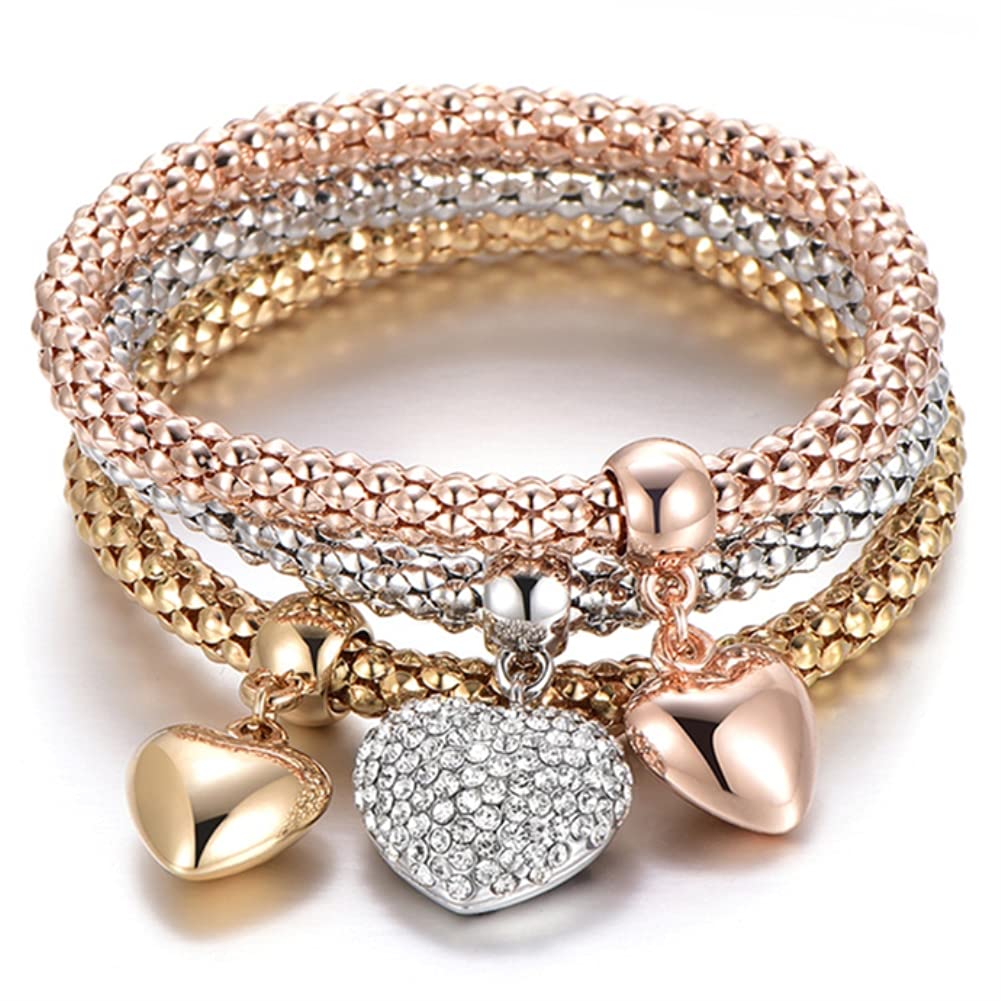 SILANER Crystal Charms Multilayer Bracelets - 3PCS Gold/Silver/Rose Gold Corn Chain Bracelet for Women, Tree of Life Heart Shaped Stretch Bracelet