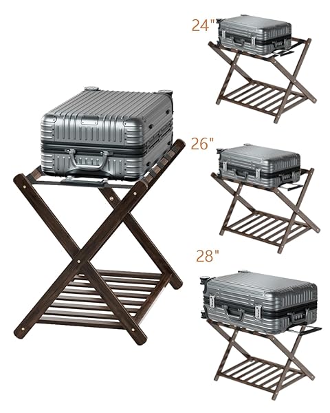HONYQISHUO LUGGAGE RACK FOR GUEST ROOM, FOLDING SUITCASE STAND WITH STORAGE SHELF 5 NYLON STRAPS FOLDABLE FOR EASY STORAGE BAMBOO STAND HOLDER SHELF FOR BEDROOM LIVING ROOM HOTEL ESSENTIALS BROWN