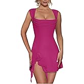 Aisbei Women's Sexy Square Neck Dress Sleeveless Elegant Ruffle Side Slit A Line Party Club Mini Dress
