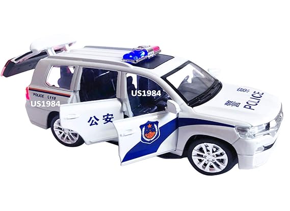 US1984 Toys 1: 32 Diecast Alloy Car Model Land Cruiser Metal Police Car 6 Doors Can Be Opened Sound and Light Pull Back Function Kids Toys Gift for Children (Land Cruiser Police car)