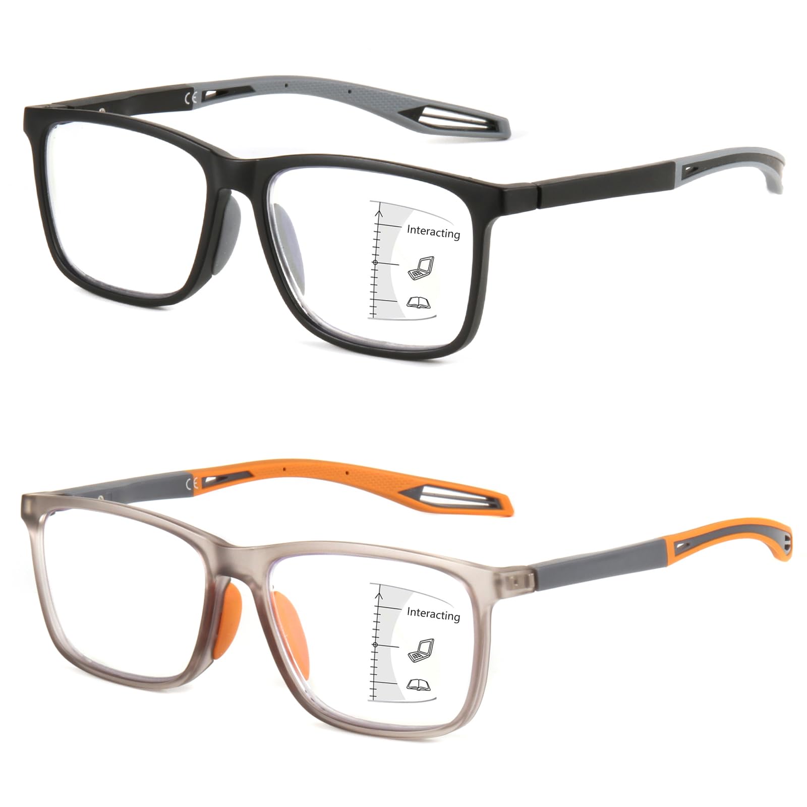 Photo 1 of Missfive 2 Pack Upgraded Unbreakable Progressive Multifocus Reading Glasses Men Women - Sports Style Multifocal Readers Anti Blue/UV/Eyestrain, Spring Hinge Near-Workspace Light Eyewear, 3.0