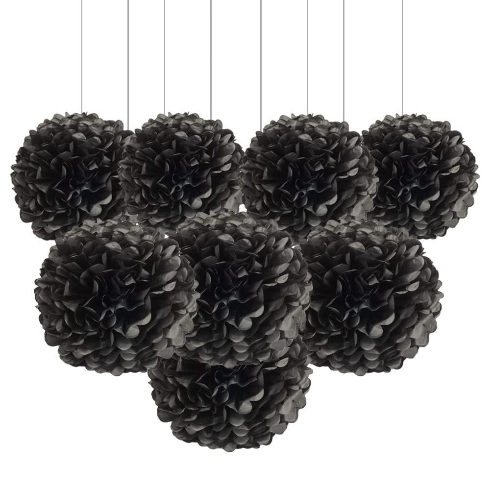 12pcs Black Paper Pom Poms Decorations for Party Ceiling Wall Hanging Tissue Flowers Decorations - 1 Color of 12 Inch, 10 Inch
