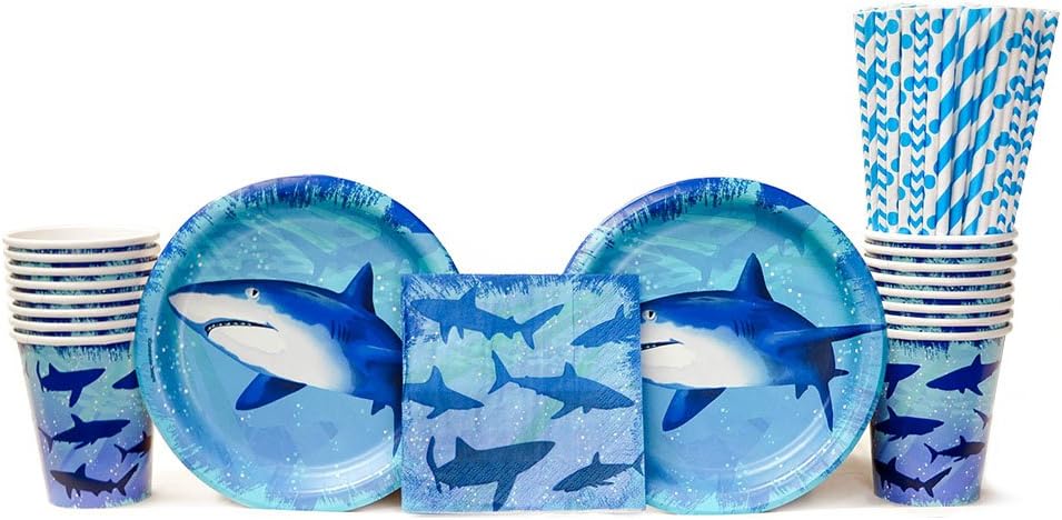 Shark Splash Party Supplies Pack for 16 Guests: Straws, Dessert Plates, Beverage Napkins, and Cups