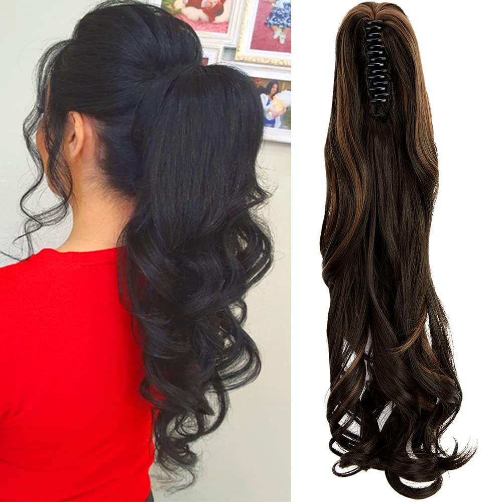 OMGREAT Claw Ponytail Hair Extension One Piece Cute Clip in on Ponytail Claw Synthetic Straight Curly Hairpieces 18" Curly Ash Blonde Mix Ginger