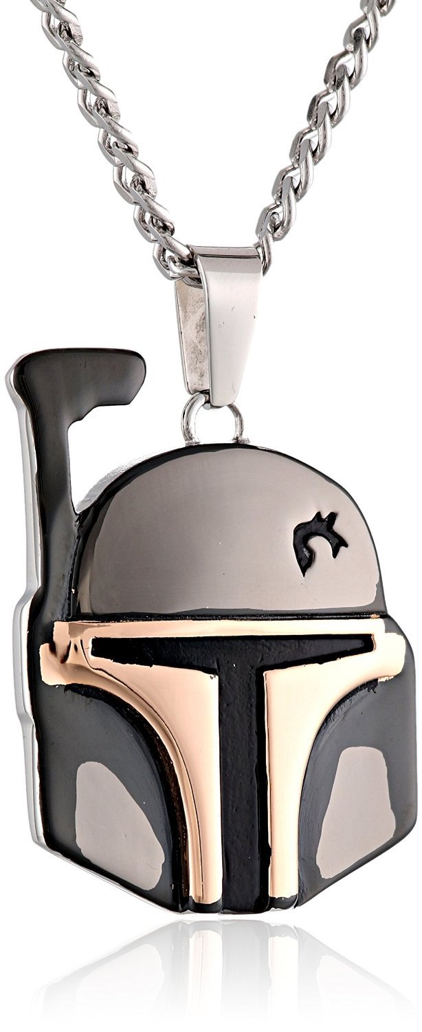 Star Wars Jewelry - Collar con colgante unisex con casco de Boba Fett de acero inoxidable y baño de iones negro, 24.0 in