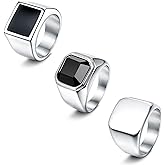 SAILIMUE 3Pcs Stainless Steel Signet Rings for Men Women Black Silver Simple Square Agate Solid Polished Biker Band Pinky Thumb Rings Set Size 7-13