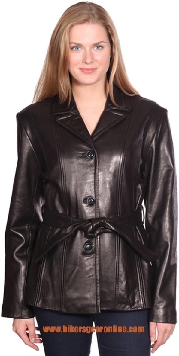 Nuborn WOMEN'S GENUINE BUTTER SOFT LEATHER JACKET BLAZER BUTTON DOWN WITH BELT BLACK (M Regular)