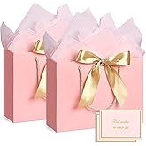 YoungTree Valentines Gift Bag, 2PCS Valentines Bags with Ribbon and 2 Greeting Cards 4 Tissue Papers, Paper Birthday Gift Bags with Handles, Pink Present Bags for Valentines Day Wedding Party Supplies
