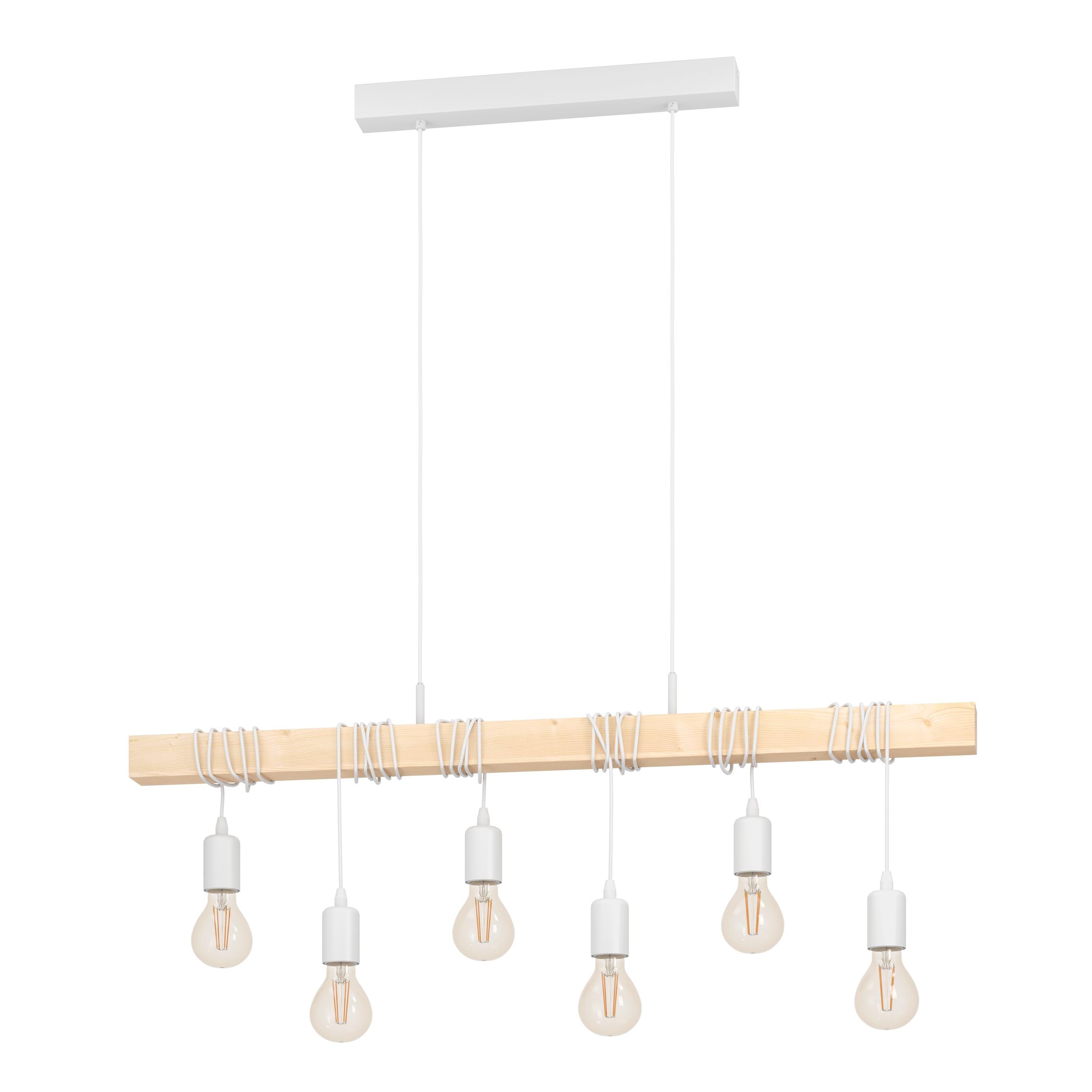 EGLO Pendant Lamp Townshend, 6 Bulbs Vintage Pendant Light in Industrial Design, Retro Hanging Lamp Made of Steel and Wood, Colour: White, Brown, Socket: E27