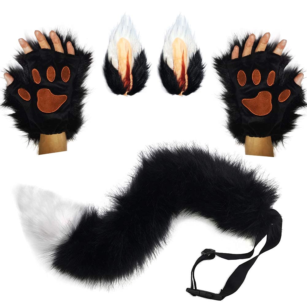 PPFINE Wolf Fox Tail Clip Ears and Gloves Set Halloween Christmas Fancy Party Costume Toys Gift for Children or Adult