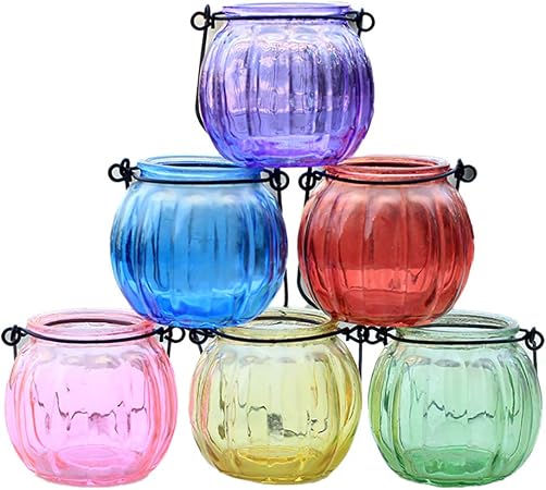 8 Pcs Glass Hanging Lanterns Different Coloured Glass Tealight Holders With Handles Tealight Holder Holders Hanging Tea Light Glass Lights Rehook Lanterns Amazon Co Uk Kitchen Home