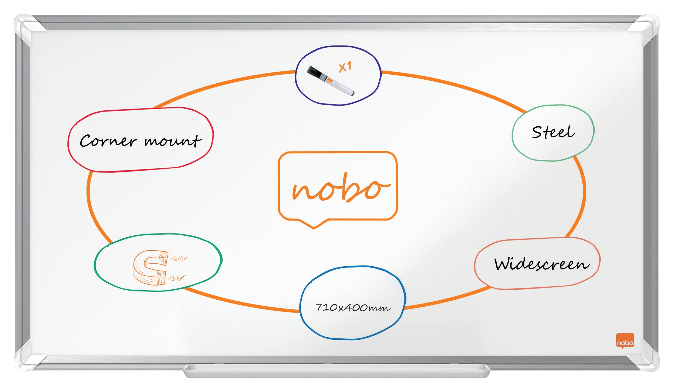 Nobo Premium Plus Widescreen Steel Magnetic Whiteboard – 710x400mm, Aluminium Trim, EU Ecolabel Certified, 1915370