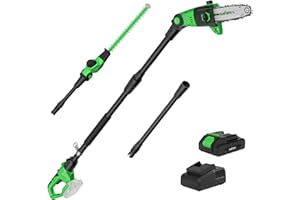 SOYUS Pole Saw 8-Inch Cordless and 18-Inch Pole Hedge Trimmer 2-in-1, 15-Foot Max Reach Pole Saw for Tree Trimming, 16ft/s Speed, Auto Oiling, Multi-Angle Pole Chainsaw with 2.0Ah Battery & Charger