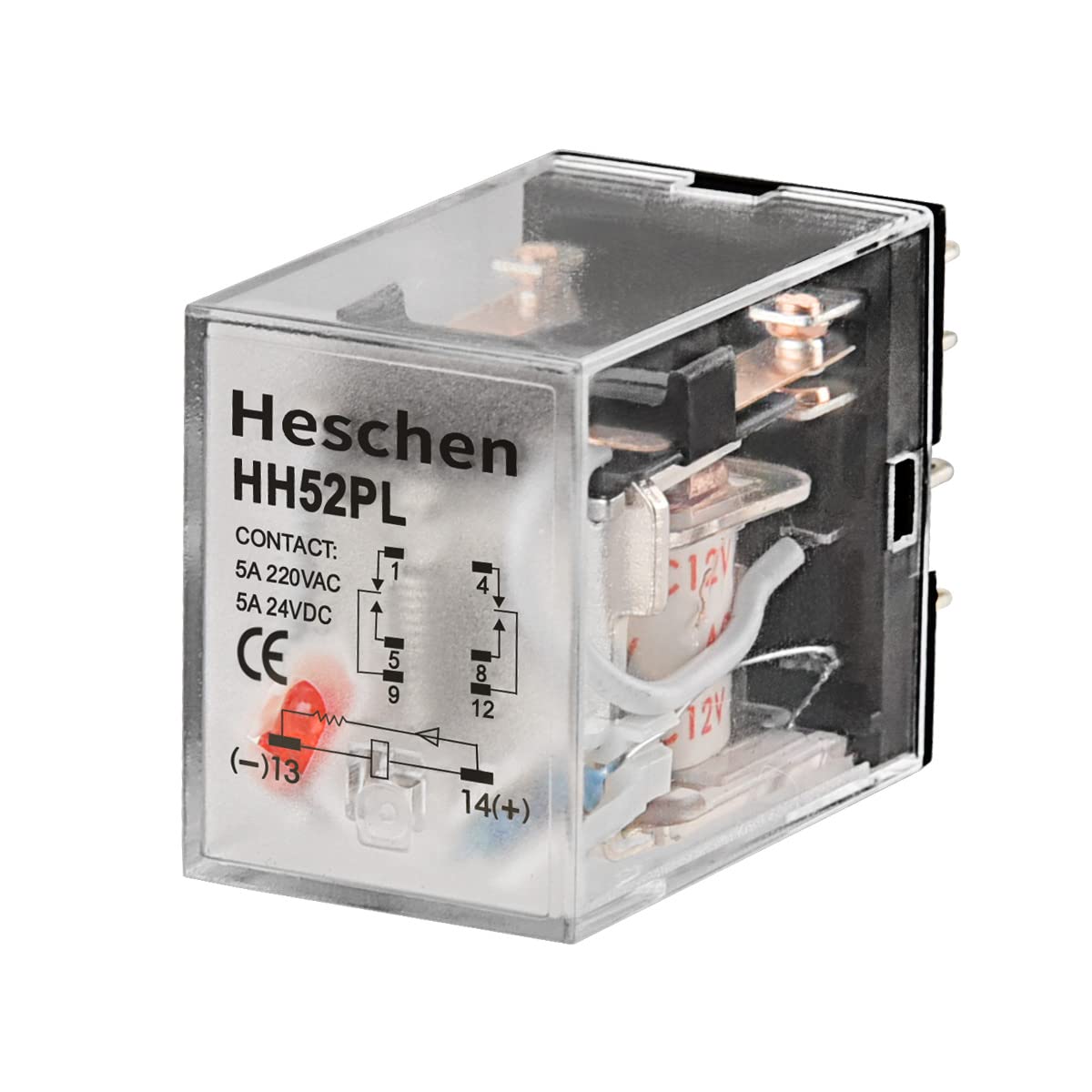 Heschen Gereral Purpose Relay, HH52P-L, 12VAC Coil, 5A 28VDC/240VAC, DPDT, LED Indicator, 8 Pin Terminals