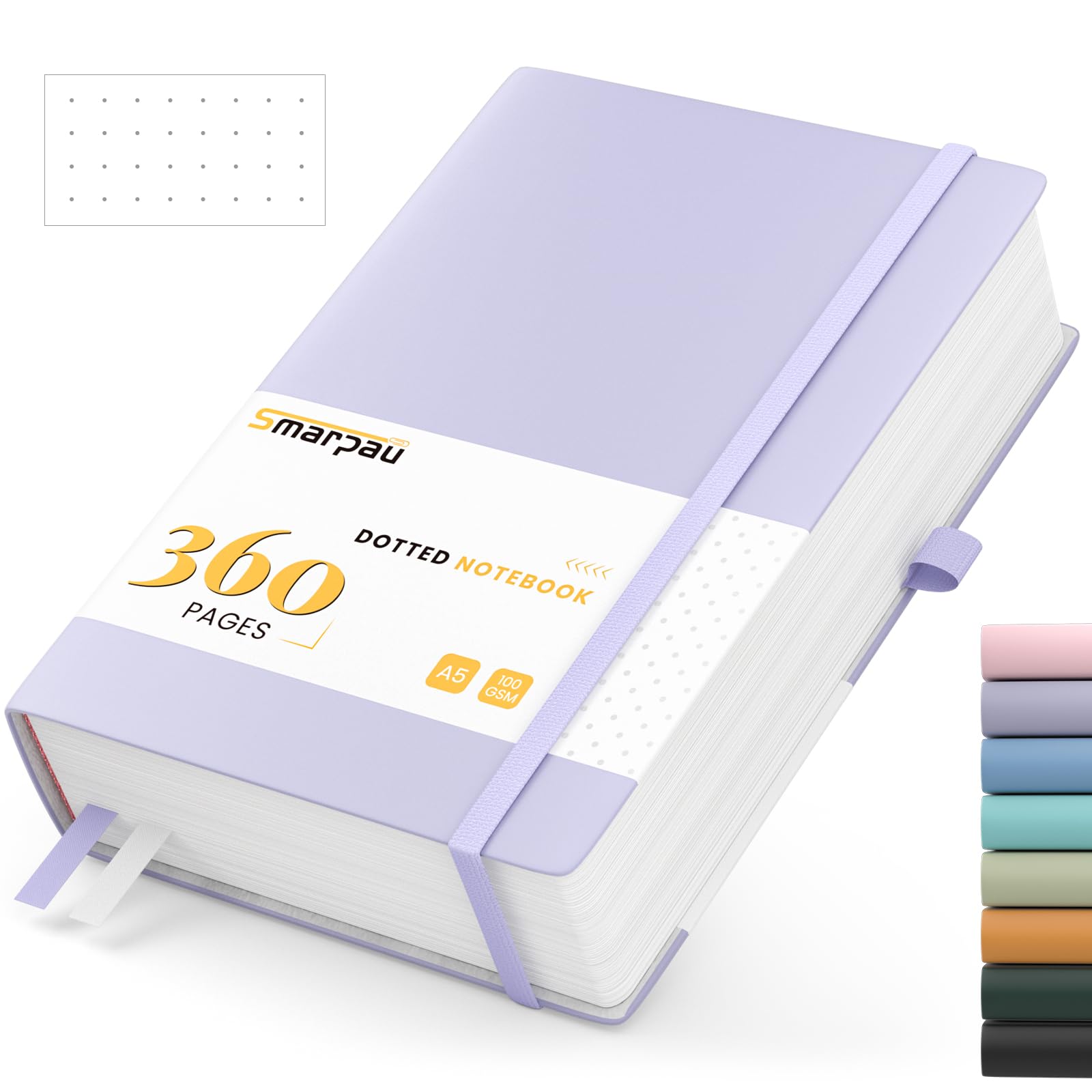Smarpau Dotted Notebook A5 360 Pages, Thick Journal Notebook with Sticky Notes&Inner Pocket, 100gsm Paper Notebook Journals for Women Men Writing School, Office, Travel, 14.5 x 21cm - Purple