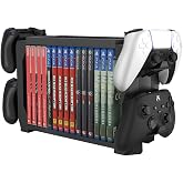TNP Video Game Storage Tower for PS5, 15 Game Cases, 4 Controllers, Black | Game Organizer and Case Holder with 4 Side Hangers for Ps4, Xbox Series X, Nintendo Switch Controllers or Headsets