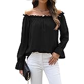 Halife Women Off Shoulder Blouses Long Sleeve Ruffle Trim Loose Casual Shirts Tops