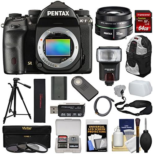 Pentax K-1 Mark II Full Frame Wi-Fi Digital SLR Camera Body &amp; 50mm f/1.8 DA SMC Lens with 64GB Card + Battery + Flash + Backpack + Tripod + Kit