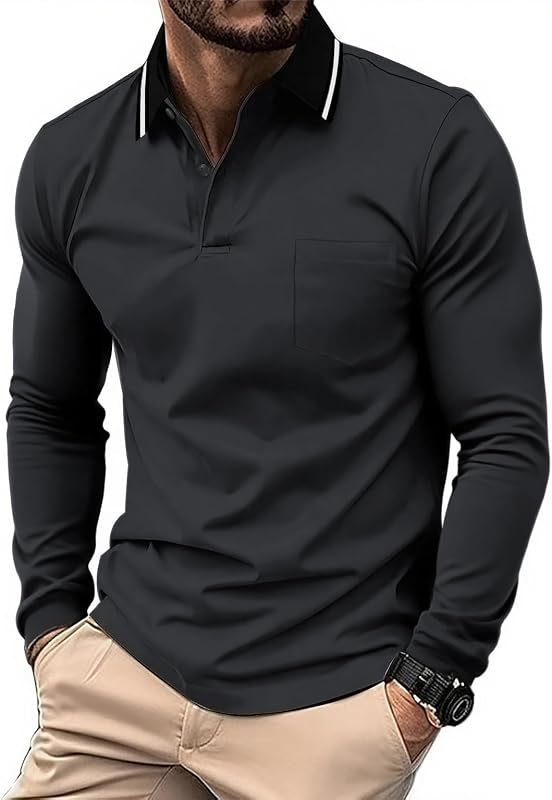 Poloshirt Herren Langarm Knopfkragen Arbeitshemd Atmungsaktiv Arbeits Poloshirts Button Down Polohemd Golf Frühling Herbst Casual Polo Hemd,Dunkelgrau,M — Foto 1 von 7