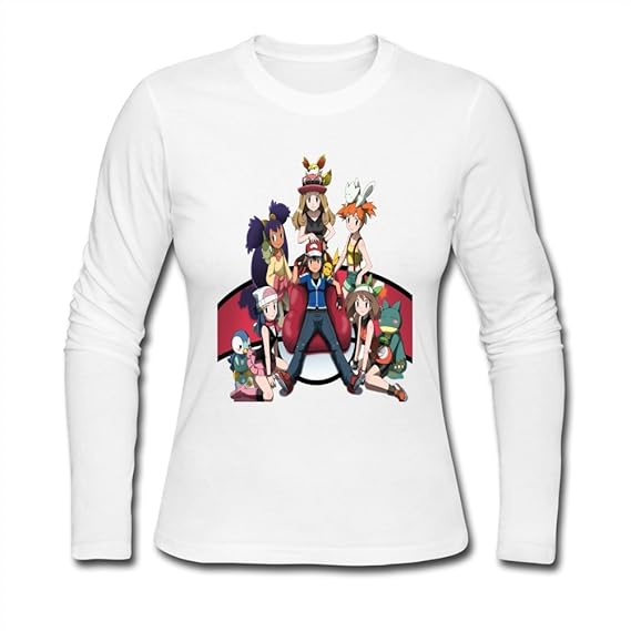 Amazon ハピショップ Happy Shopレデース 個性的な設計 サトシと歴代ポケモンヒロイン 長袖 クルーネック Tシャツ Xxl ホワイト オリジナルプリント 通販