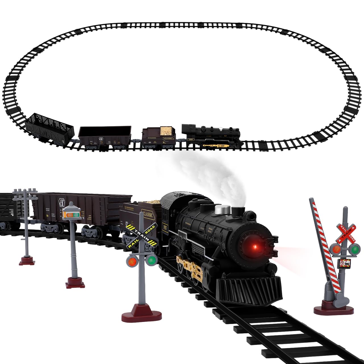 TOYANDONA Battery Powered Train Set for Kids with Locomotive and 3 Cargo Cars Train Track Set with Straight and Curved Rails Educational Toy for Creative Play and Christmas Decoration