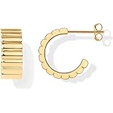 PAVOI 14K Gold Plated Ribbed Hoop Earrings for Women - Chunky Ridge Statement Earrings - Boho Puffy Croissant Huggie Hoops Trendy Gold Jewelry