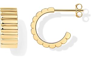 PAVOI 14K Gold Plated Ribbed Hoop Earrings for Women - Chunky Ridge Statement Earrings - Boho Puffy Croissant Huggie Hoops Trendy Gold Jewelry