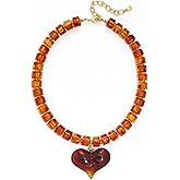 WOWORAMA Chunky Heart Necklaces for Women Colorful Resin Beaded Choker Necklace Gold Puffy Heart Statement Necklace Trendy Acrylic Choker Jewelry
