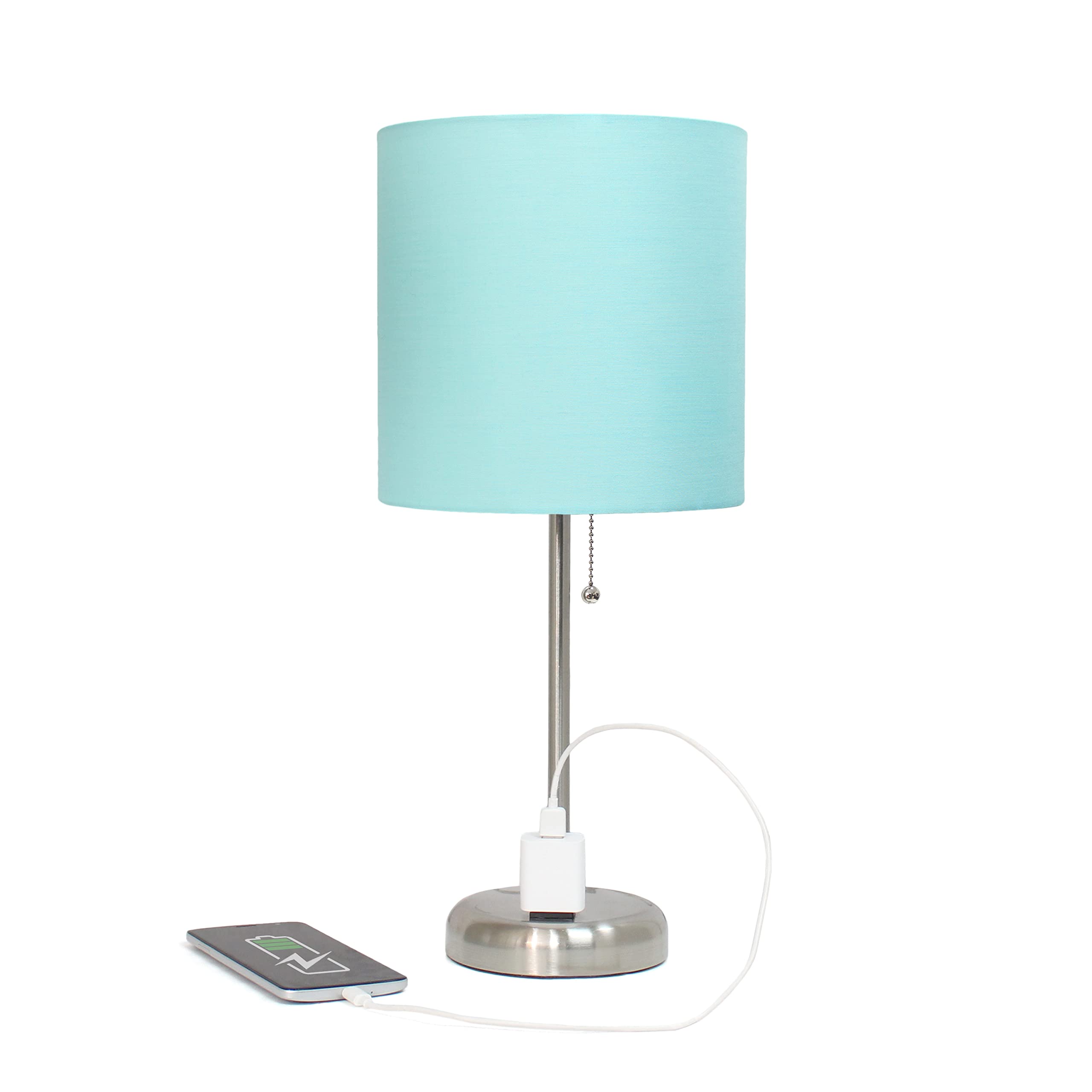 Simple Designs LT2024-AQU-2PK Two Pack Brushed Steel Stick Table Desk Lamp Set with Charging Outlet and Drum Fabric Shade for Living Room, Hallway, Nightstand, Office, Aqua Shade Image Simple Designs LT2024-AQU-2PK Two Pack Brushed Steel Stick Table Desk Lamp Set with Charging Outlet and Drum Fabric Shade for Living Room, Hallway, Nightstand, Office, Aqua Shade Image
