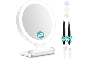 Magnifying Mirror with Light 30X, Double-Sided 1X/ 30X Magnifying Makeup Mirror with Tweezer, 2000mAh 3 Colour Modes with Adj