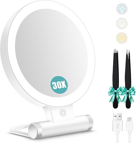 B Beauty Planet Magnifying Mirror with Light 30X, Double-Sided 1X/ 30X Magnifying Makeup Mirror with Tweezer, 2000mAh 3 Colou