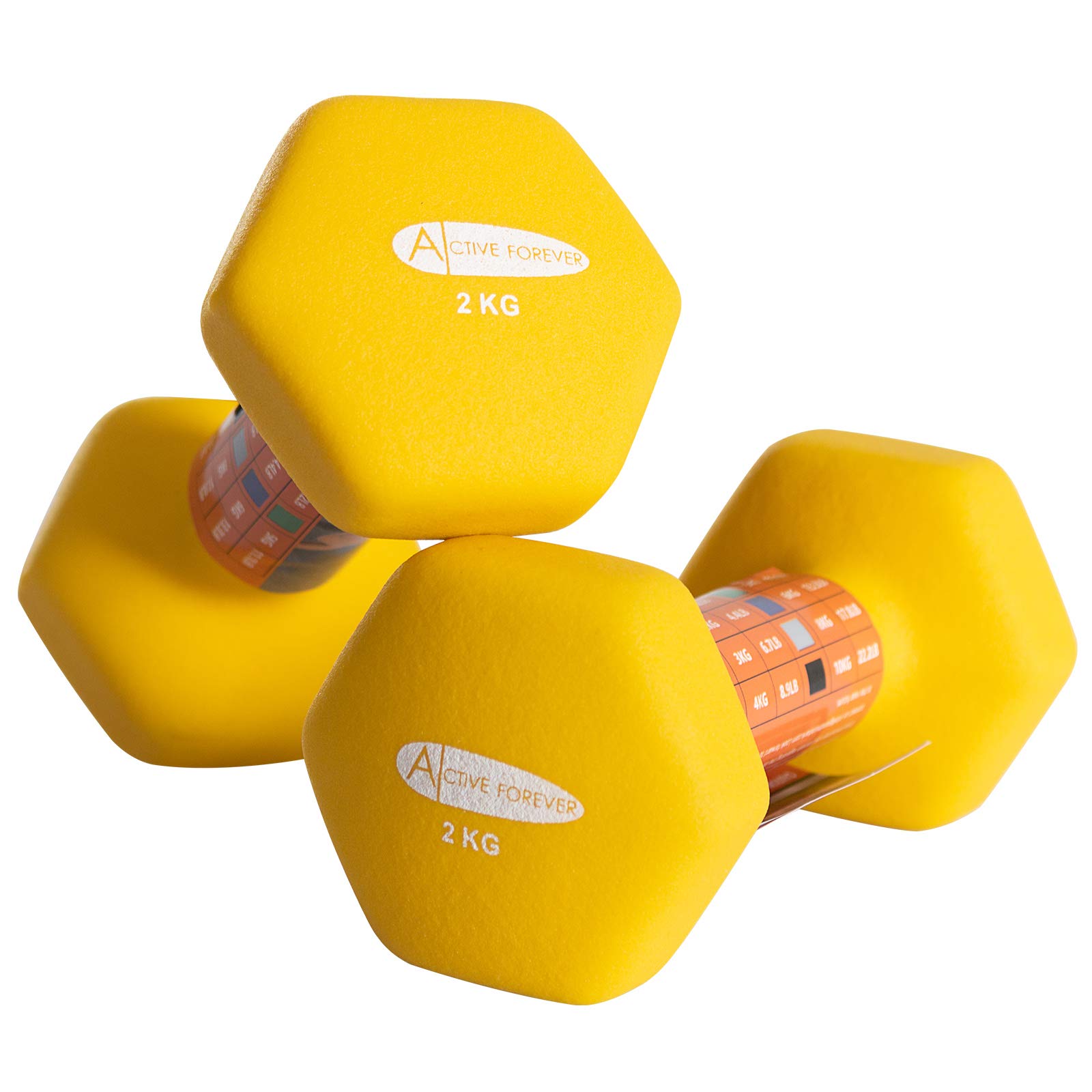 ACTIVE FOREVER Dumbbells 2×2kg, Set of 2, Hex Dumbbells Pair, Neoprene Waterproof Non-slip Dumbells Set (Orange)