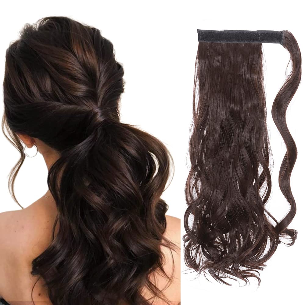 17" Long Curly Wavy Wrap Around Ponytail Clip in Hair Extensions One Piece Hairpiece Magic Tape in Pony Tail Extension for Women Dark Brown