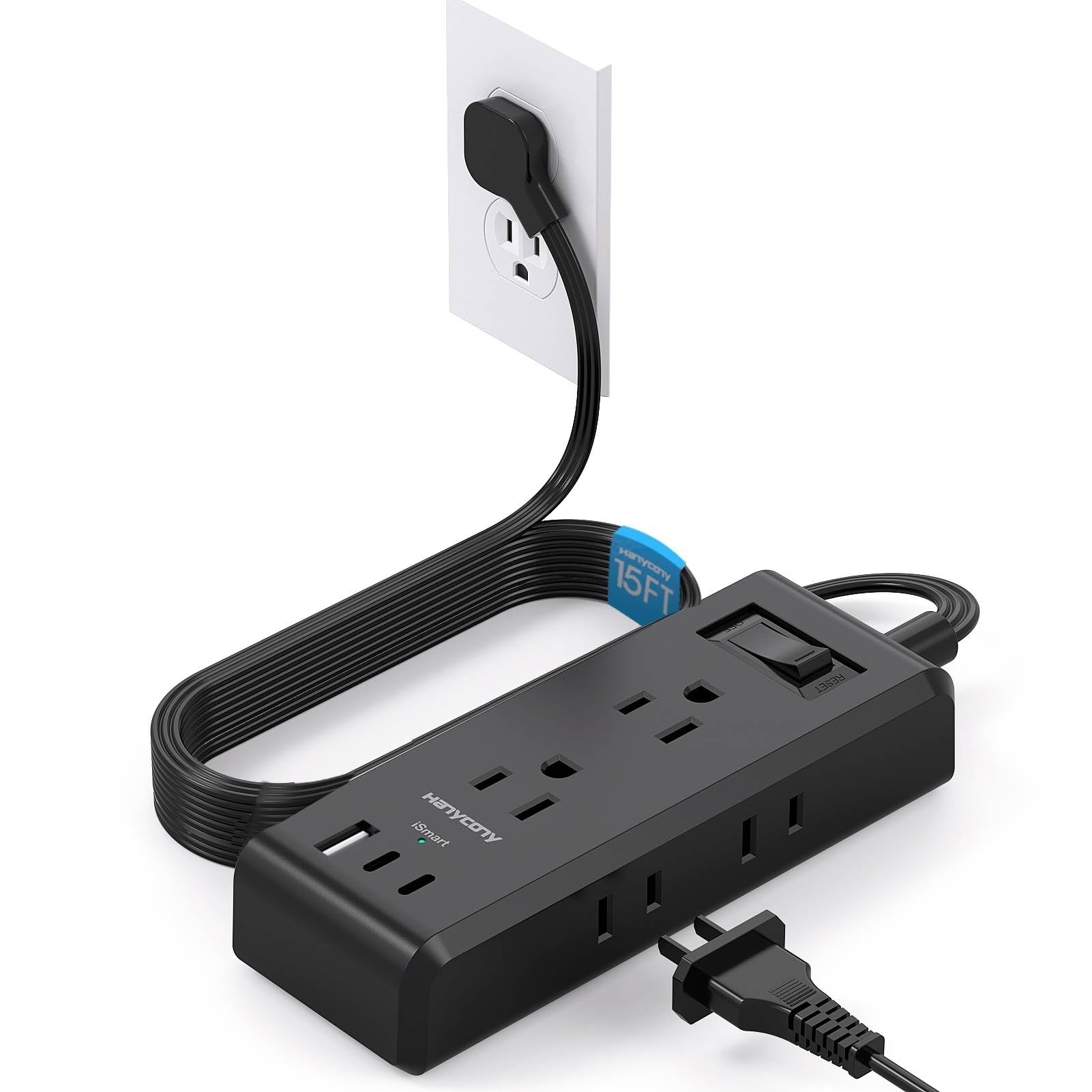 Photo 1 of Black Extension Cord 15 Ft, HANYCONY Long Cord Ultra-Thin Flat Plug Power Strip with 6 Outlets and 3 USB Ports (2 USB C), Wall Mount for College Dorm Room Home Office Desk Essentials