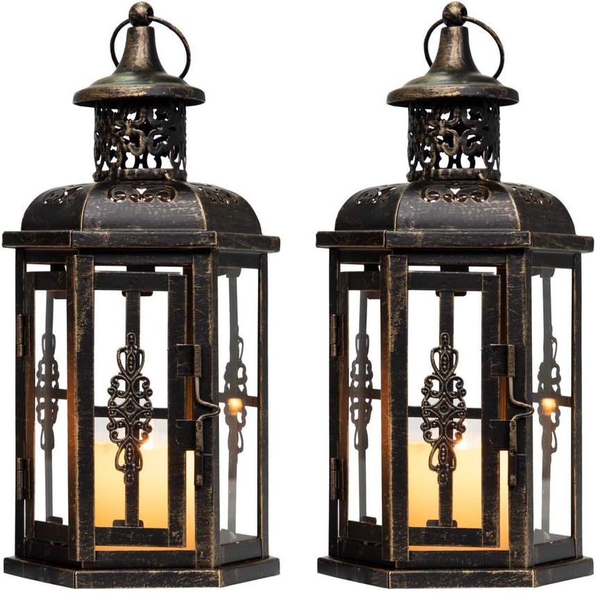 JHY DESIGN Set of 2 Decorative Lanterns -10 inch High Vintage Style Hanging Lantern Metal Candleholder Black with Gold Brush: Home & Kitchen