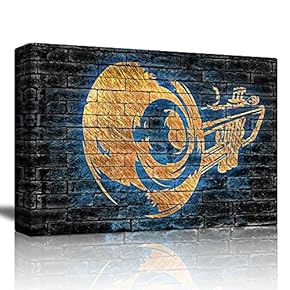 Copper Trumpet with Blue Silhouette on a Dark Brick Background - Canvas Art Home Art - 12x18 inches