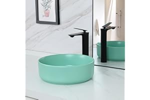 bathivy 14.2" Matte Green Round Vessel Sink with Pop Up Drain, Bathroom Vessel Sink, Bathroom Sink Above Counter, Vessel Sinks for Bathrooms, Ceramic Vessel Sink, Bathroom Sink Bowl, Countertop Sink