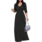 PinkPatty Plus Size Maxi Dresses for Women Casual Flowy Long Dress 3/4 Sleeve V Neck Wrap Dress with Belt