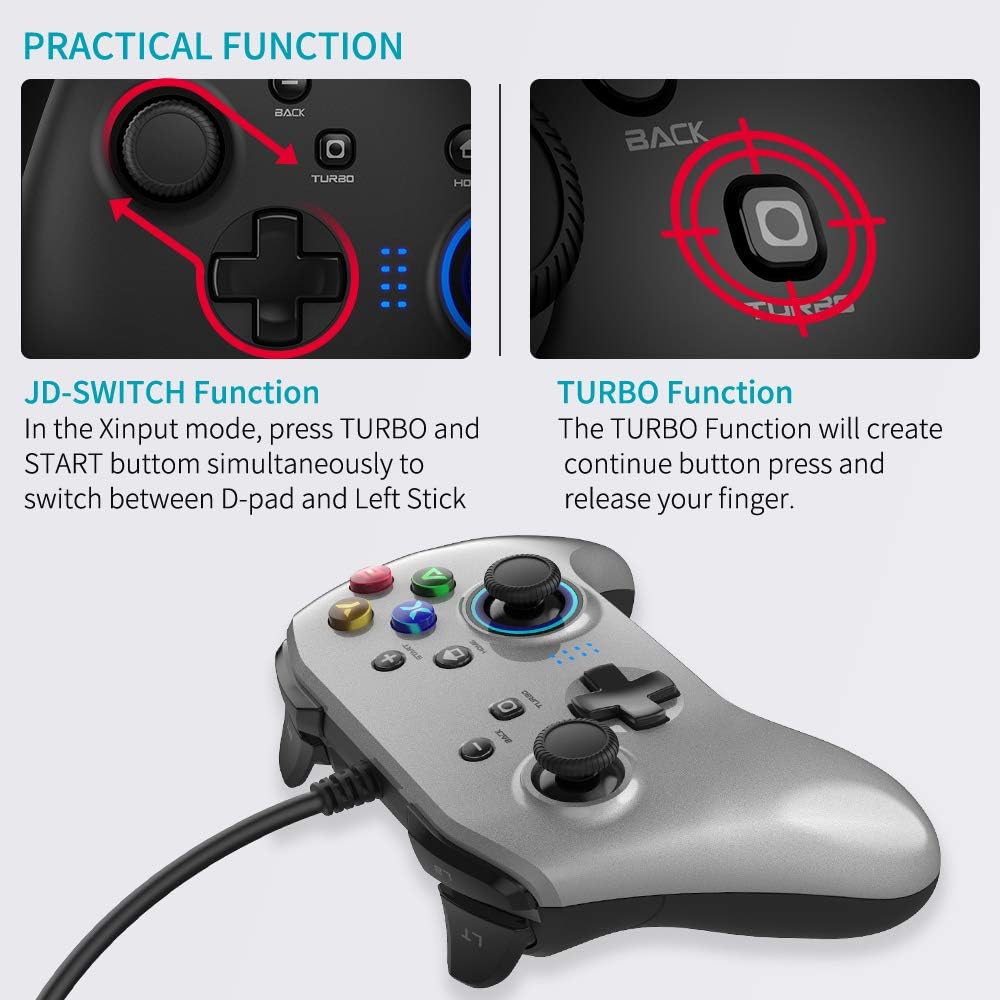 Wired Gaming Controller, Joystick Gamepad with Dual-Vibration PC Game Controller Compatible with PS3, Switch, Windows 10/8/7 PC, Laptop, TV Box, Android Mobile Phones, 6.5 ft USB Cable, Silver Color: Computers & Accessories
