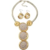 Florate Simulated Pearl Bead Ball Pendant Necklace Earrings Set for Women Statement Golden Color Big Choker Collar African Chunky Crystal Ethnic Tribal Metal Female Jewelry Set