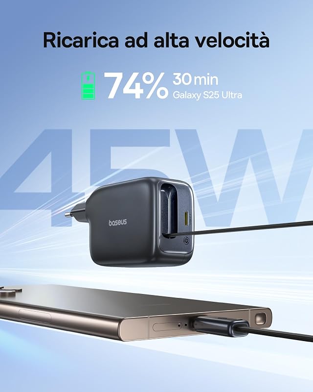 Caricatore USB C da 45 W, Baseus Enercore con cavo USB C, caricatore iPhone iPad, alimentatore di rete per iPhone 17/16/15/14/13/12/11 Pro Max Air, Samsung Galaxy S25, Pixel, cavo estraibile