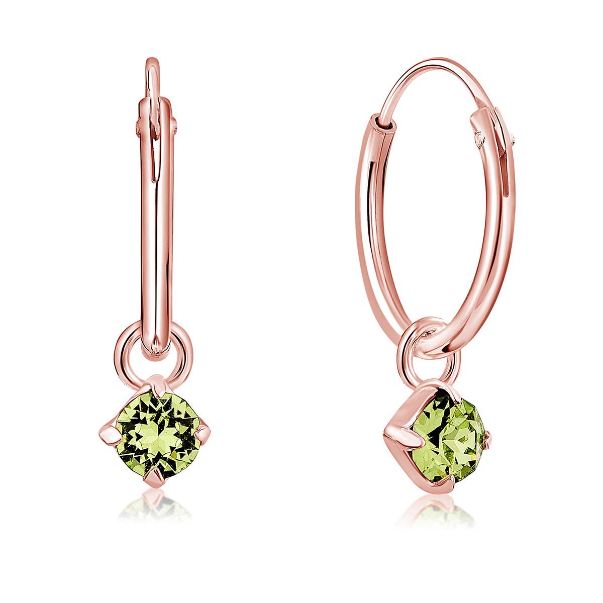 Rose Gold Earrings with Peridot Dangling Crystal - 925 Sterling Silver Hoops Gold Plated 18K with Round Crystals - Classic Elegant Hypoallergenic Earrings for Sensitive Skin