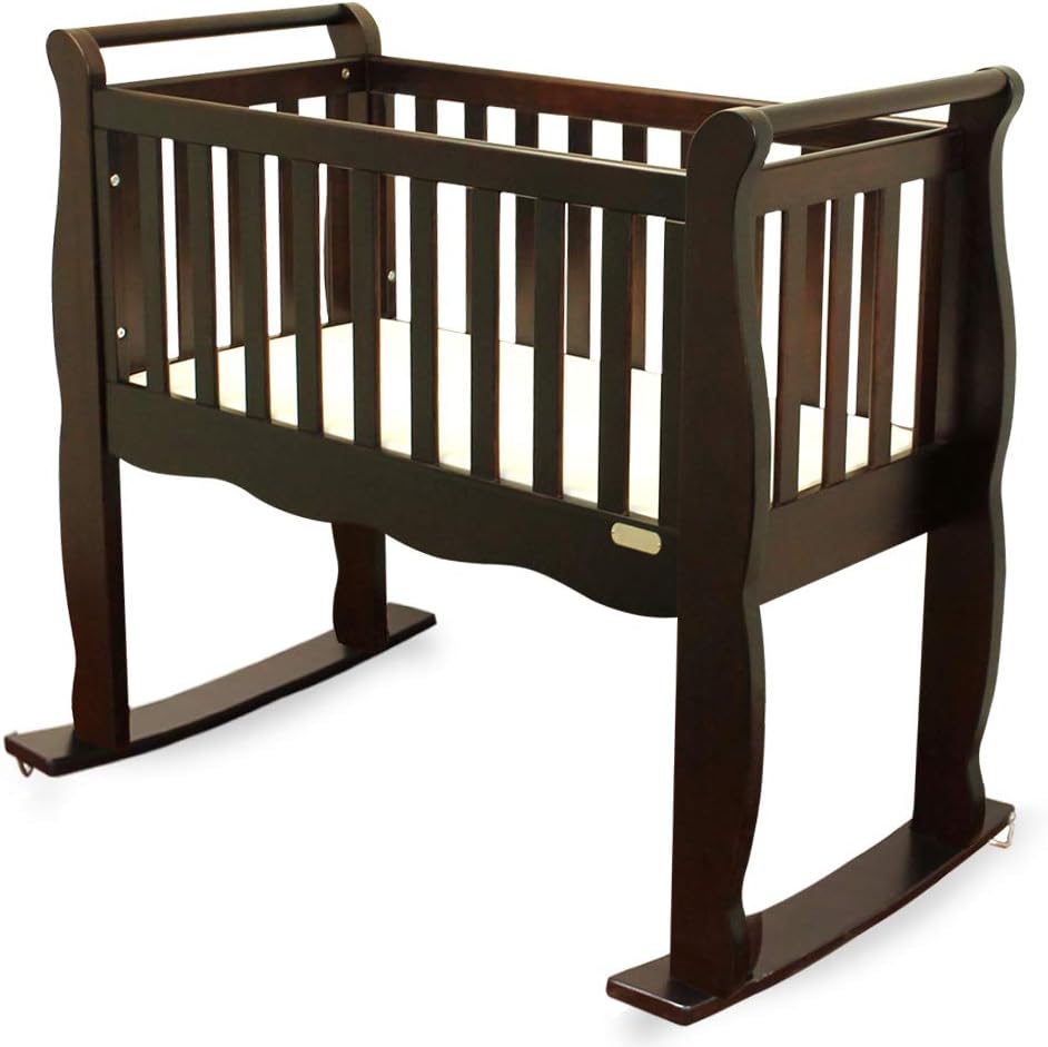 Green Frog, Baby Cradle | Handcrafted Elegant Wood Baby Cradle | Premium Pine Construction | Wheel, Rockers and Stationary Options | Rich Espresso Color