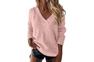 Women Casual Loose Solid V Neck Sweater Long Sleeve Tunic Tops Pullover Sweaters Top Plus Size Fall Clothing Trendy 2025