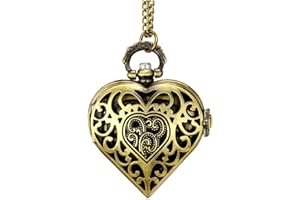 VIGOROSO Women's Pocket Watch, Analog Display, Quartz Movement, Silver Stainless Steel, Heart Pendant Necklace, Unisex Accessory, Valentines Day Gifts