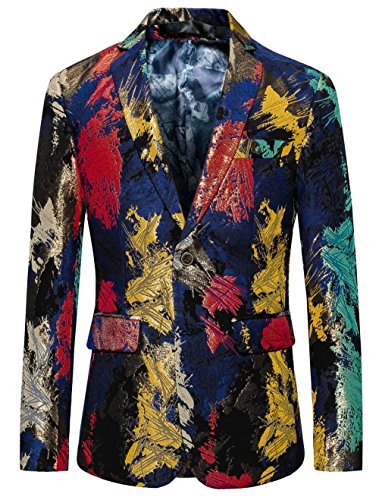 MOGU Mens Blazer with Colourful Irregular Pattern Slim Suit Jacket US Size 36 (Asian Label Size XXL)